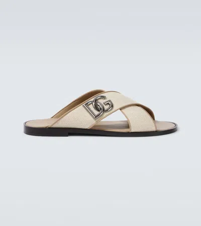 Dolce & Gabbana Dg Leather-trimmed Canvas Slides In Neutral