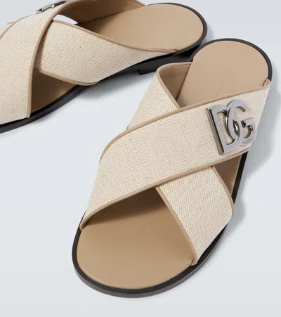 Dolce & Gabbana Dg Leather-trimmed Canvas Slides In Neutral