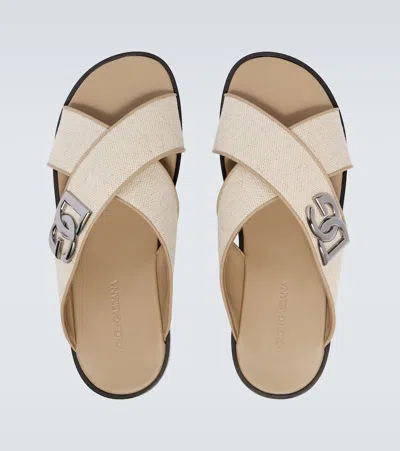 Dolce & Gabbana Dg Leather-trimmed Canvas Slides In Neutral