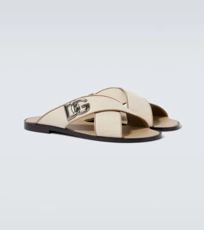 Dolce & Gabbana Dg Leather-trimmed Canvas Slides In Neutral