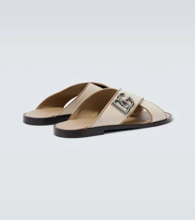 Dolce & Gabbana Dg Leather-trimmed Canvas Slides In Neutral