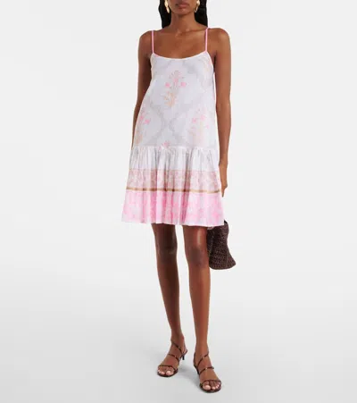 Juliet Dunn Floral Ruched Cotton Minidress In White