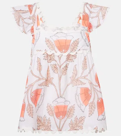 Juliet Dunn Printed Scalloped Cotton Top In White