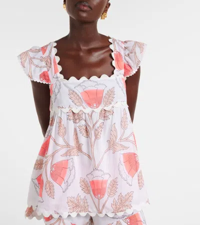 Juliet Dunn Printed Scalloped Cotton Top In White
