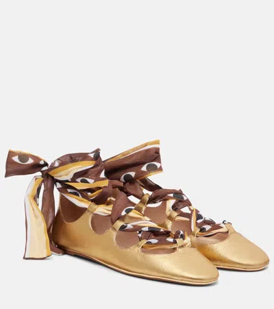 Farm Rio Lace-up Leather Ballet Flats In Gold