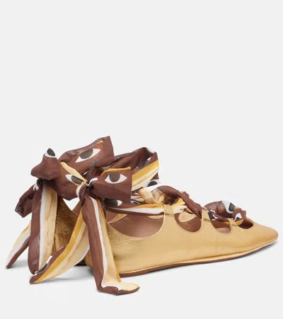 Farm Rio Lace-up Leather Ballet Flats In Gold