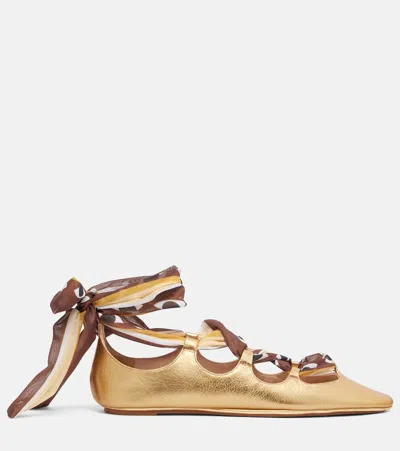 Farm Rio Lace-up Leather Ballet Flats In Gold