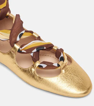Farm Rio Lace-up Leather Ballet Flats In Gold