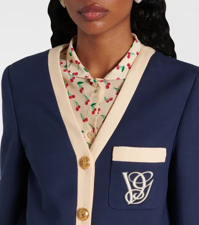 Valentino V-neck Wool Blend Blazer With Front Pocket In Blue
