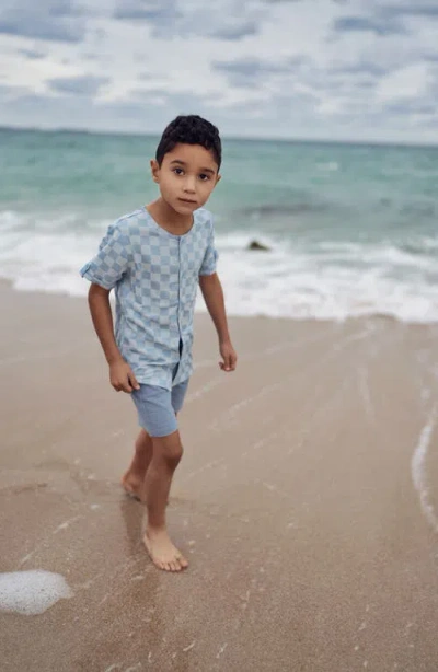 Maniere Manière Kids' Check Short Sleeve Denim Button-up Shirt In Blue