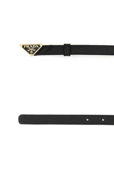 Prada Leather Belt With Adjustable Length And Gold-tone Hardware In Black