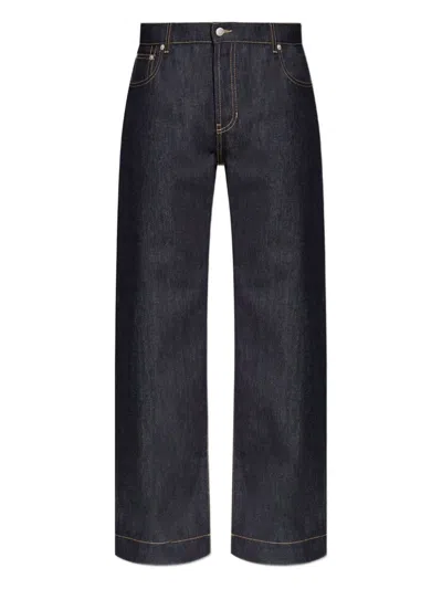 Alexander Mcqueen Wide Leg Denim Contrast Stitching In Blue