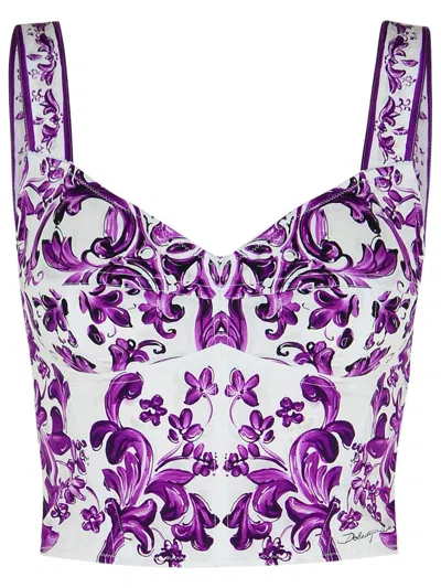 Dolce & Gabbana Cotton Blend Bustier Top With Maiolica Print In Purple