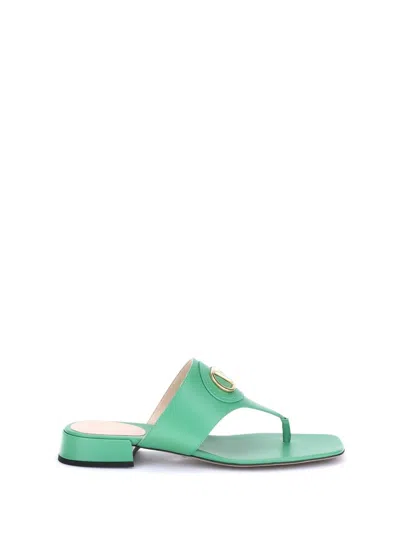 Valentino Vlogo Leather Thong Sandals With Squared Toe In Green