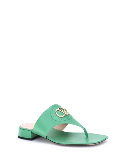 Valentino Vlogo Leather Thong Sandals With Squared Toe In Green