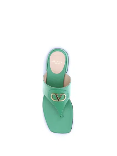 Valentino Vlogo Leather Thong Sandals With Squared Toe In Green