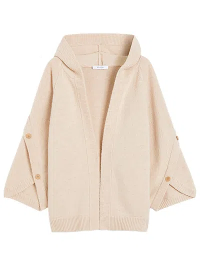 Max Mara Hooded Sweater With Button-detail Sleeves In Wool-cashmere Blend In Neutral
