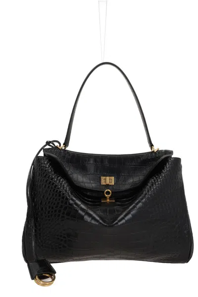 Balenciaga Women`s Medium Rodeo Crocodile Embossed Bag In Black In Black