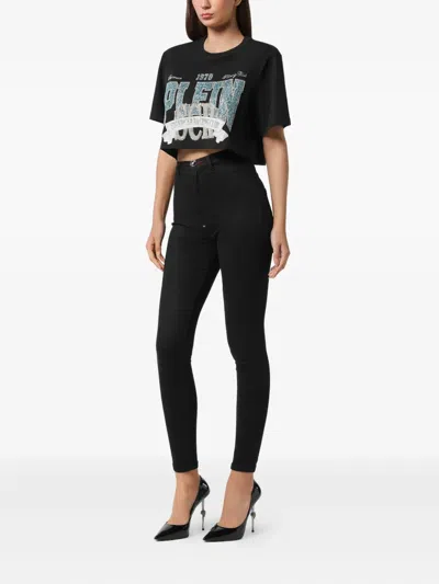 Philipp Plein Crystal-embellished Cropped T-shirt In Black