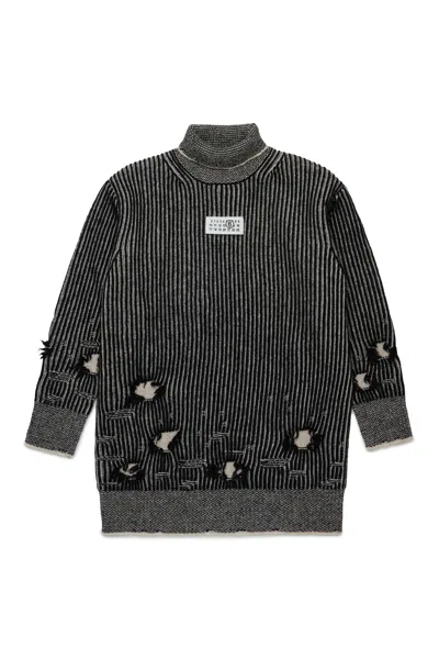 Mm6 Maison Margiela Abito Mini In Lana A Coste Con Rotture In Black