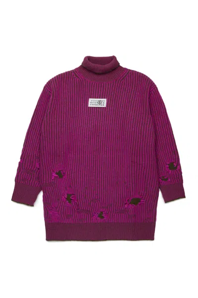 Mm6 Maison Margiela Abito Mini In Lana A Coste Con Rotture In Purple