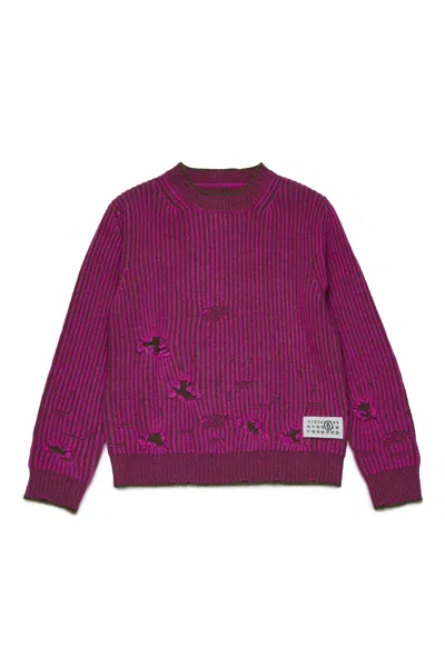 Mm6 Maison Margiela Pullover In Lana A Coste Con Rotture In Purple