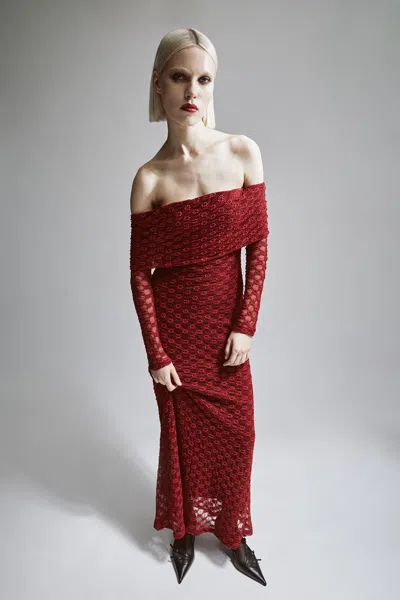 Bardot Adoni Off-the-shoulder Fitted Stretch Lace Midi Dress In Red