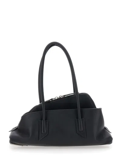 Attico La Passeggiata Small Black Shoulder Bag With Tubular Handles And Impressed Logo On The Front In Leat