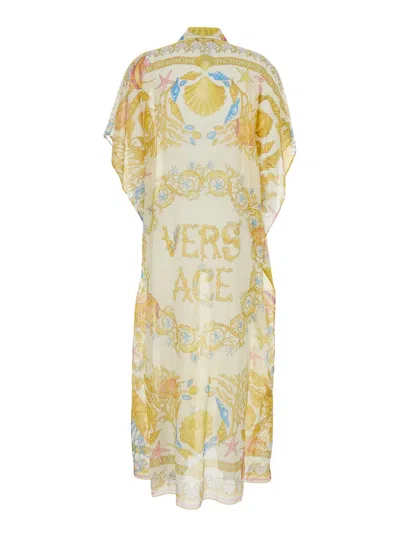 Versace Multicolor Dress With Pointed Collar And All-over Underwater Barocco Print In Silk And Cotton Woman In Gold