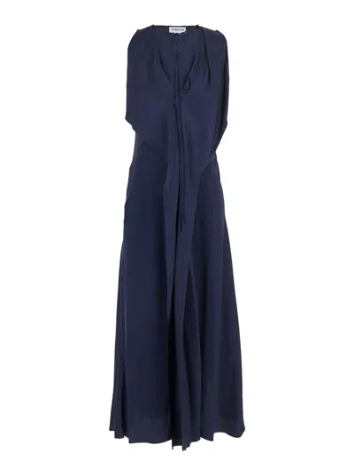 Victoria Beckham Blue Sleeveless Long Dress With V Neck In Fabric Woman In Blue