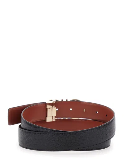 Ferragamo Black Reversible Belt With Gancini Buckle Closure In Grained Leather Man In Black