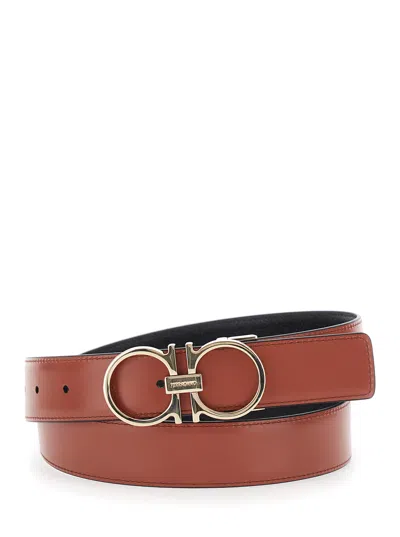 Ferragamo Black Reversible Belt With Gancini Buckle Closure In Grained Leather Man In Black