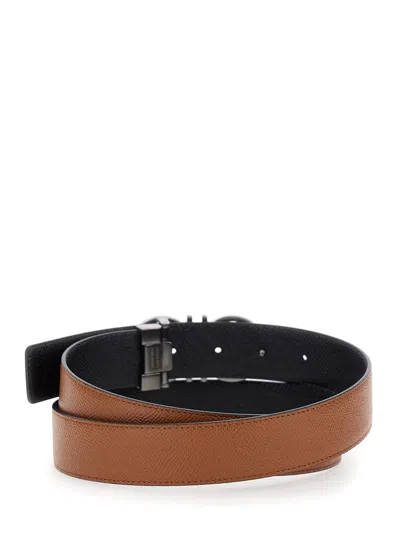 Ferragamo Beige Reversible Belt With Gancini Buckle Closure In Grained Leather Man In Brown