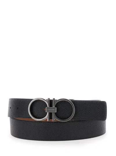 Ferragamo Beige Reversible Belt With Gancini Buckle Closure In Grained Leather Man In Brown