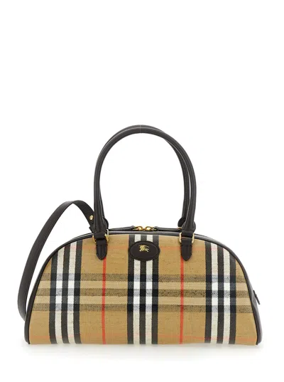 Burberry Highland Beige Handbag With Ekd Patch On The Front And All-over Check Motif In Cotton Blend Woman