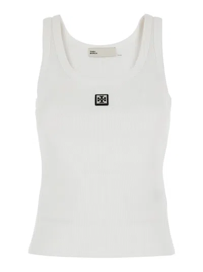 Tory Burch White Sleeveless Top With Round Neck And Logo Embroidery On The Front In Cotton Woman In White