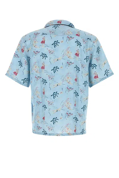 Prada Satin Shirt With Printed Design And Pocket In Blue