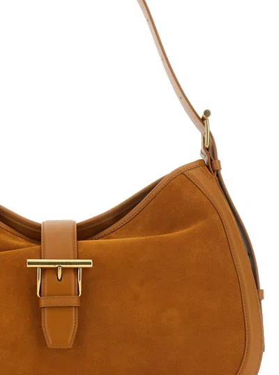 Alexander Mcqueen Brown Shoulder Bag With Adjustable Shoulder Strap And T Buckle Closure On The Front In Suede Woman In Neutral