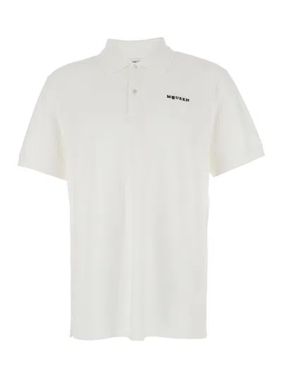 Alexander Mcqueen White Polo Shirt With Classic Collar And Logo Lettering Embroidery On The Front In Cotton Man In White