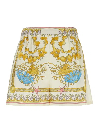 Versace Multicolor Shorts With Elastic Waist And All-over Underwater Barocco Print In Silk Woman