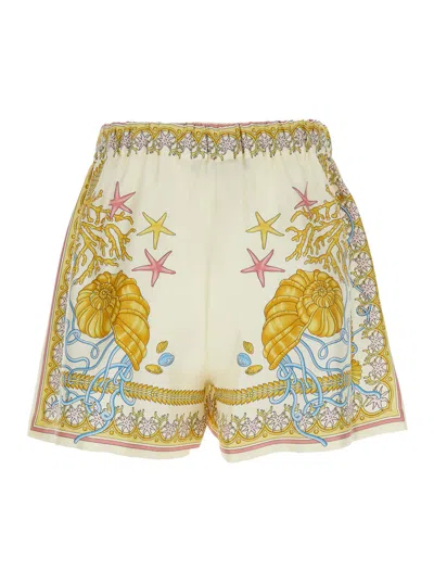 Versace Multicolor Shorts With Elastic Waist And All-over Underwater Barocco Print In Silk Woman