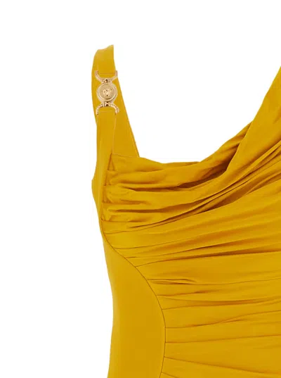 Versace Orange Sleeveless Long Dress With Medusa Plaque On The Front Draping In Viscose Woman In Yellow