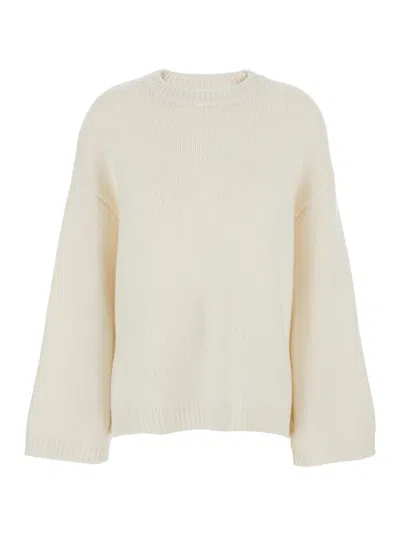 Goat White Crewneck Knit Sweater With Dropped Shoulders In Cashmere Woman In White