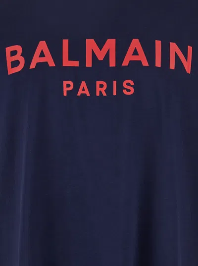 Balmain Blue Crewneck T-shirt With Logo Lettering Print On The Front