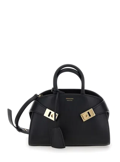 Ferragamo Hug Small Black Handbags With Front Printed Logo In Leather Woman