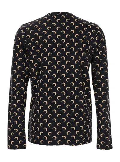 Marine Serre Black Crewneck Top With All-over Moon Print In Tech Fabric Stretch Woman