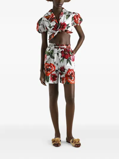 Dolce & Gabbana Anemone Floral Popeline Puff-sleeve Tie Crop Shirt