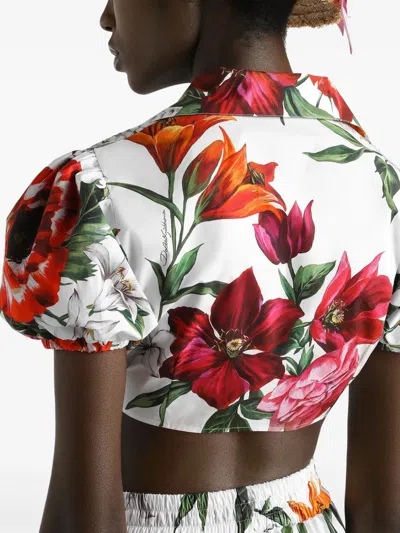 Dolce & Gabbana Anemone Floral Popeline Puff-sleeve Tie Crop Shirt