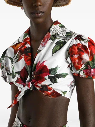 Dolce & Gabbana Anemone Floral Popeline Puff-sleeve Tie Crop Shirt