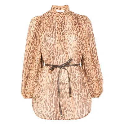 Zimmermann Cascadian Beige Tunic Dress With Stand-up Collar And All-over Leopard Print In Linen Woman In Brown
